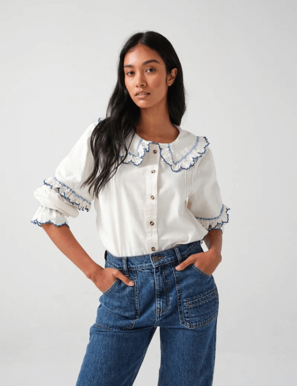 seventy + mochi | Phoebe Blouse In Ecru/Electric Blue - Picture 14 of 15
